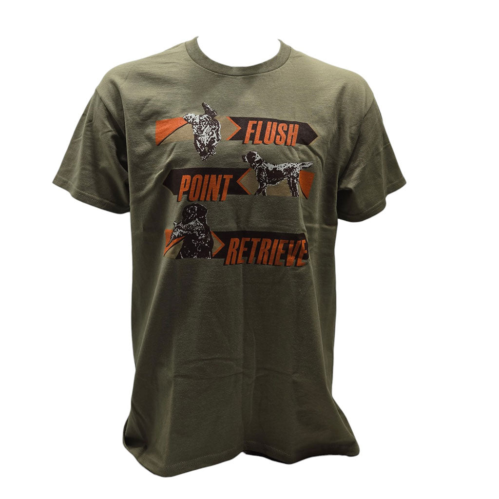 Flush, Point, and Retrieve graphic t-shirt in Prairie Dust color, front view