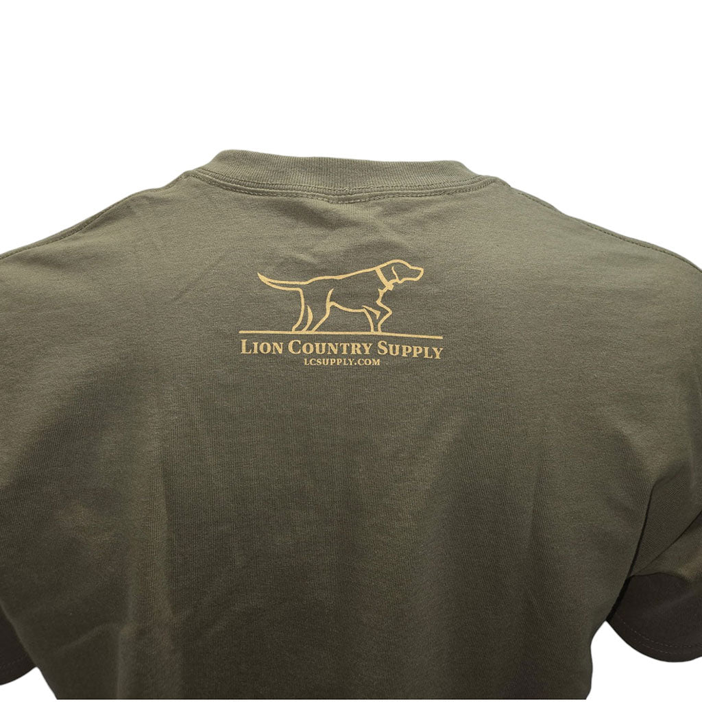 LCS logo on back of Prairie Dust Flush, Point, and Retrieve t-shirt