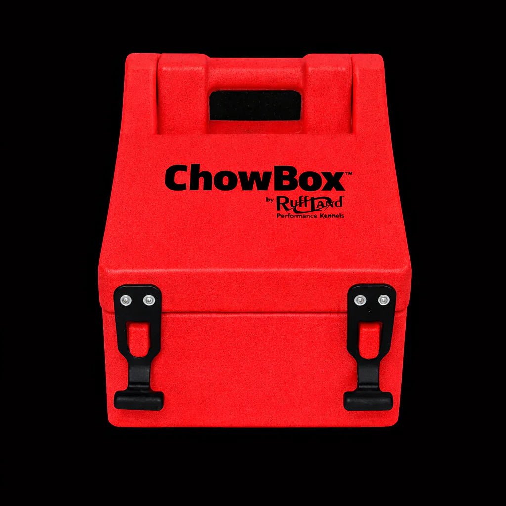 Fire Engine Red Ruff Land Chow Box dog food storage container holding up to 30 lbs of dry food on black background
