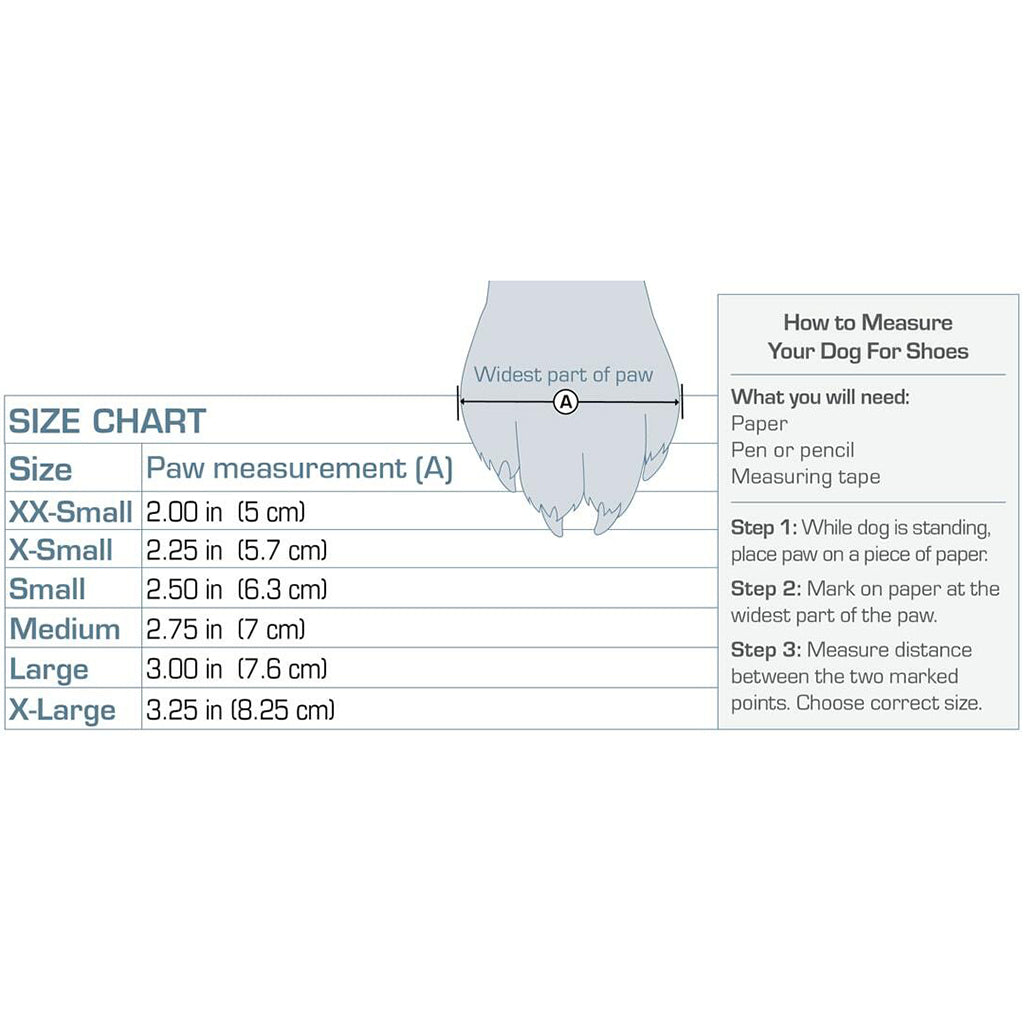 Kurgo Blaze Cross Dog Boots sizing chart with measurements for Small, Medium, Large, and X-Large sizes.